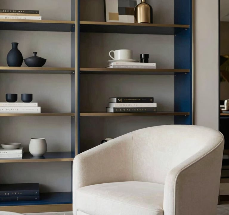 A detailed shot of a luxury interior solution featuring a custom-built shelving unit and a minimalist armchair in a soft off-white fabric. The setting is a sophisticated South Asian / Indian apartment with subtle steel blue accents and artistic decor, capturing an atmosphere of refined elegance and modern living.