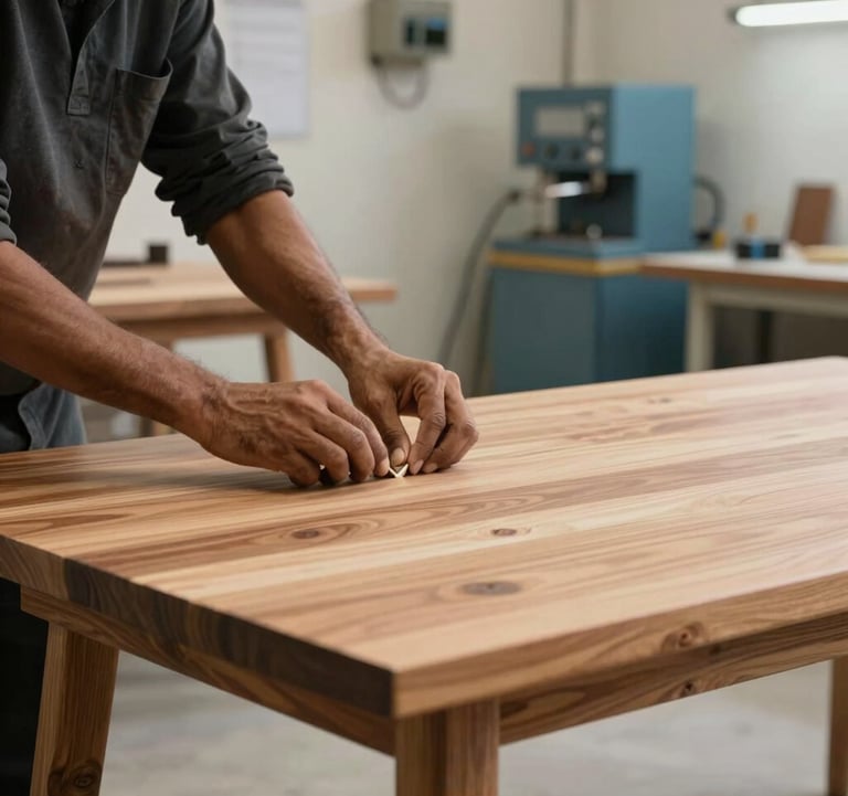 A detailed photograph of a craftsman's hands at the Pune manufacturing unit, carefully finishing a bespoke solid wood table. The background is a clean, modern workshop with off-white walls and steel blue equipment.