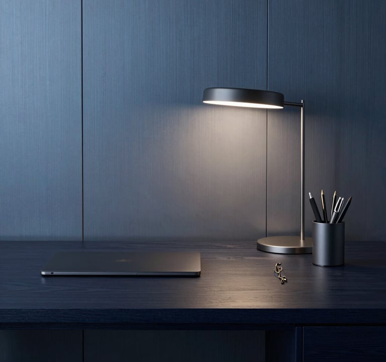An executive desk setup in dark navy wood with a minimalist lamp and high-end stationery, set against a steel blue wall background.