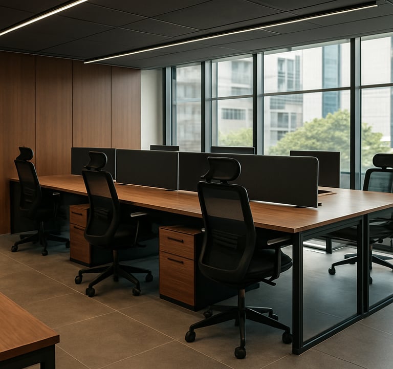 An interior shot of a high-end corporate office in Pune, featuring custom-built ergonomic workstations crafted from premium wood and steel. The atmosphere is professional and modern, reflecting refined Indian workplace culture.