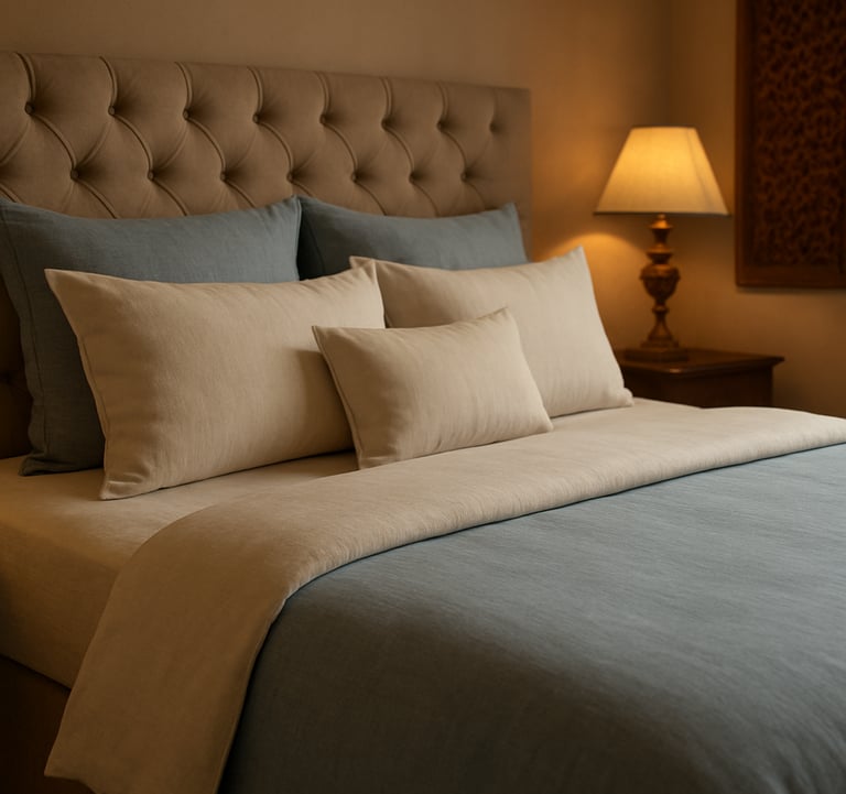 A close-up of a luxury bed with light blue and off-white linens in a contemporary Indian bedroom setting with warm, soft lighting.