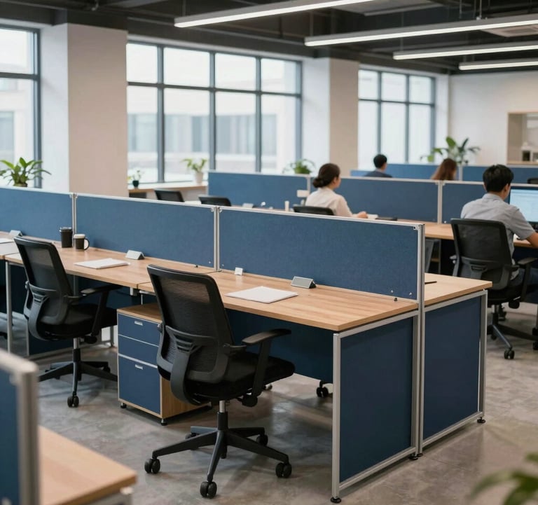 An inspiring shot of a collaborative workspace featuring modular office furniture in steel blue and dark navy. The setting is bright and professional, typical of a modern South Asian innovation hub, emphasizing functionality and modern design.