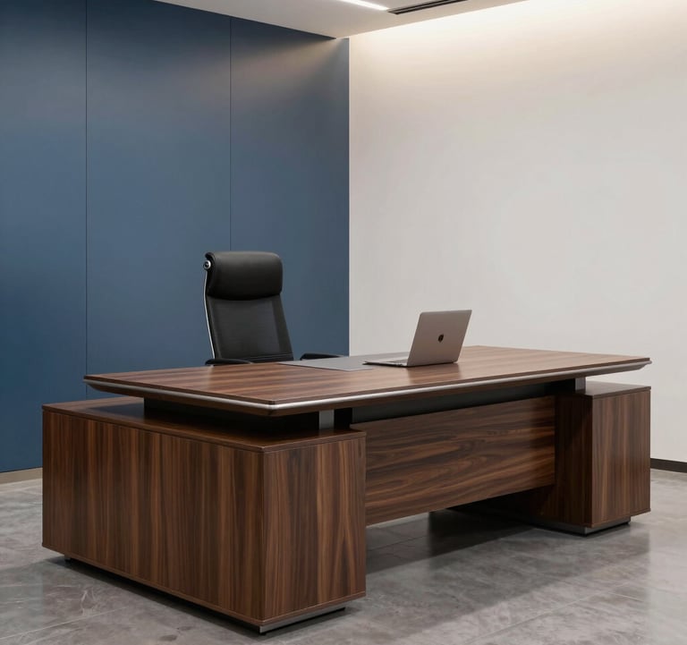 A high-end professional photograph of a modern office environment. A sleek, executive desk made of polished dark wood is paired with an ergonomic chair. The background shows a minimalist South Asian / Indian corporate office with steel blue and off-white walls, emphasizing functional beauty and refined elegance.