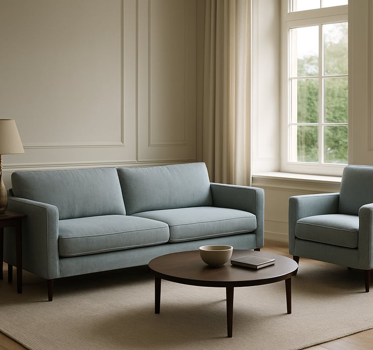 A sophisticated South Asian / Indian home living room featuring a custom-manufactured light blue-grey sofa set. The room is styled with refined elegance, featuring clean lines, off-white walls, and large windows that let in soft, natural light, highlighting the high-quality textures of the furniture.