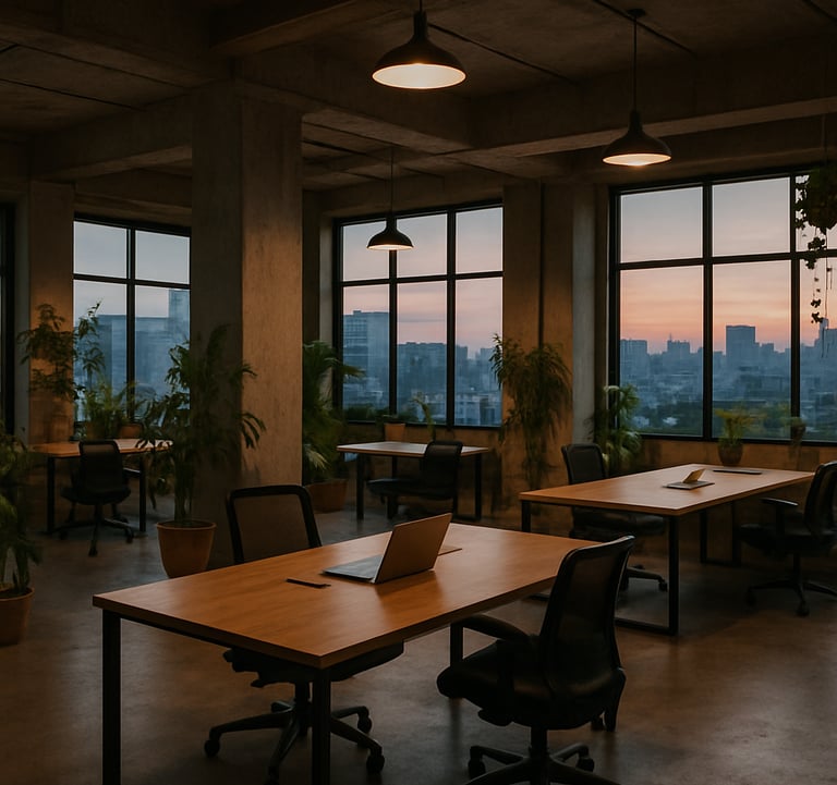 An inspiring open-plan studio interior in India with custom-made workstations, indoor greenery, and large windows revealing a city view at dusk.