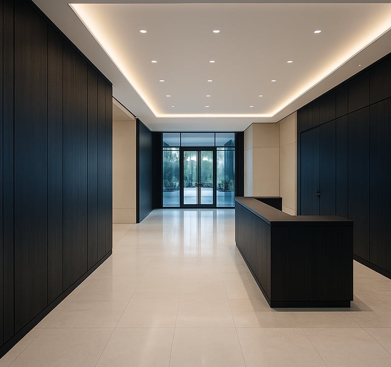 A wide shot of a professionally designed interior office lobby in India featuring clean lines, off-white marble floors, and bespoke dark navy wooden panels.