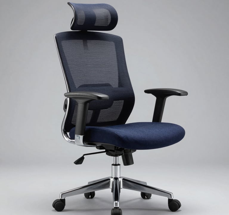 A high-quality ergonomic office chair in dark navy fabric with a polished metal base, shown in a studio setting with a light grey background.
