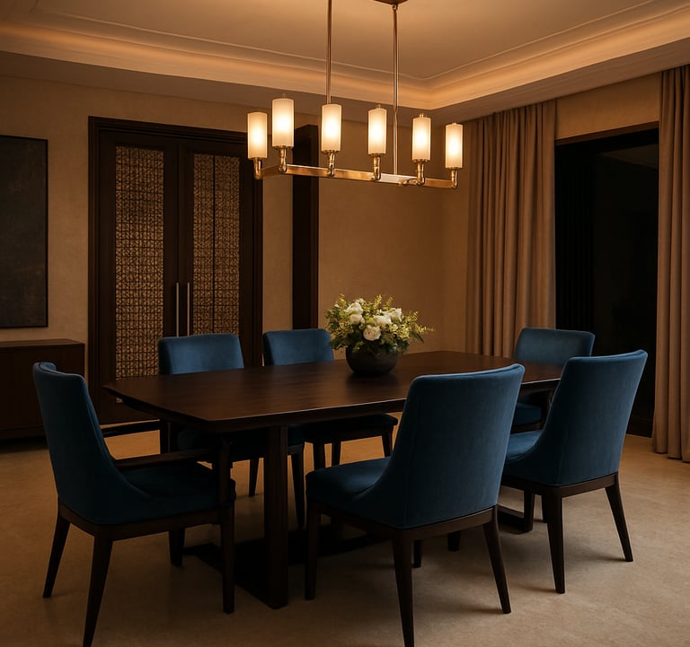 A stylish dining area in a luxury South Asian home, featuring a contemporary dining set with dark navy accents and steel blue upholstery. The lighting is warm and inviting, highlighting the refined elegance of the space.
