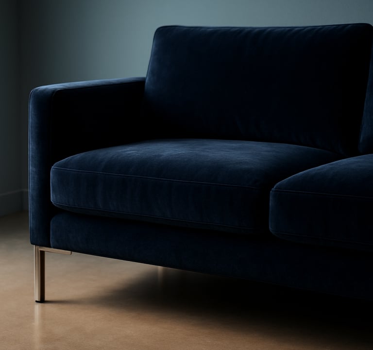 A close-up photograph of a luxury dark navy velvet sofa with polished steel legs, placed against a pale blue wall in a modern Indian home. Soft evening lighting highlights the premium fabric texture and sophisticated design.