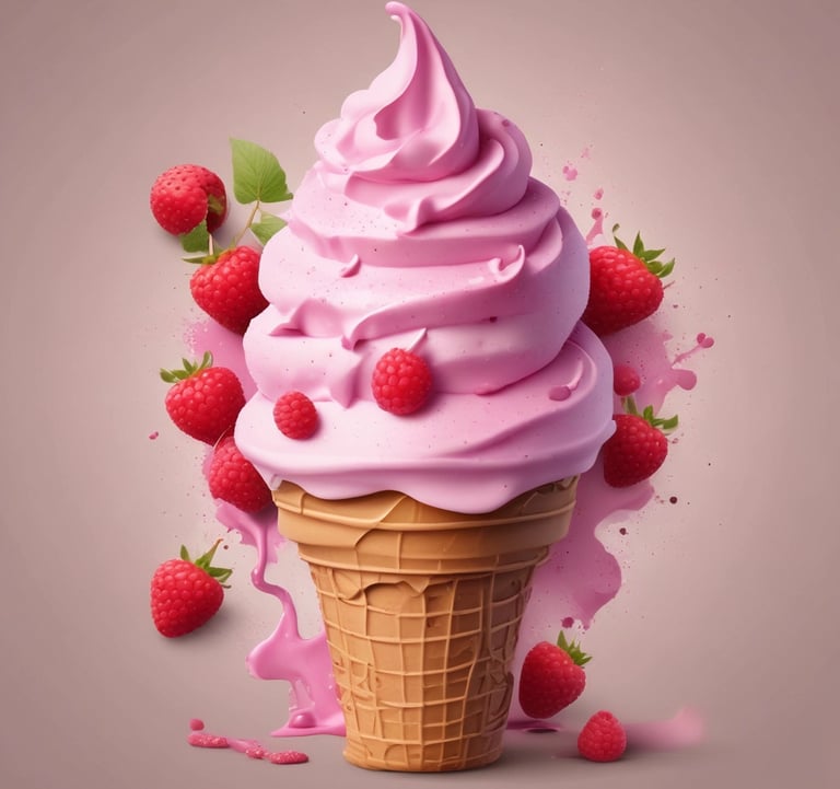Pink raspberry soft serve ice cream swirl in a waffle cone with fresh berries.