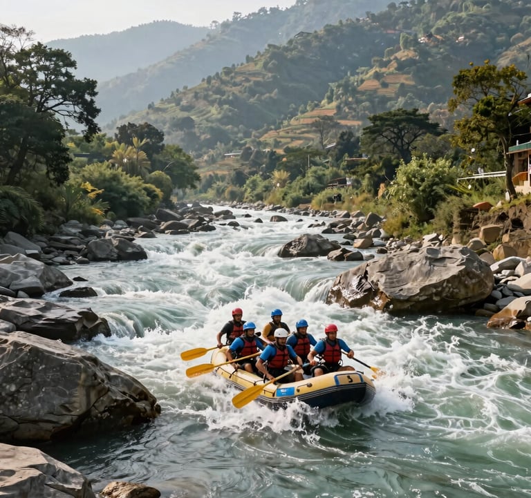 A professional photograph of white-water rafting on the fast-flowing Ganges River in Rishikesh, framed by lush South Asian hills under bright afternoon sunlight, capturing high-energy adventure travel.