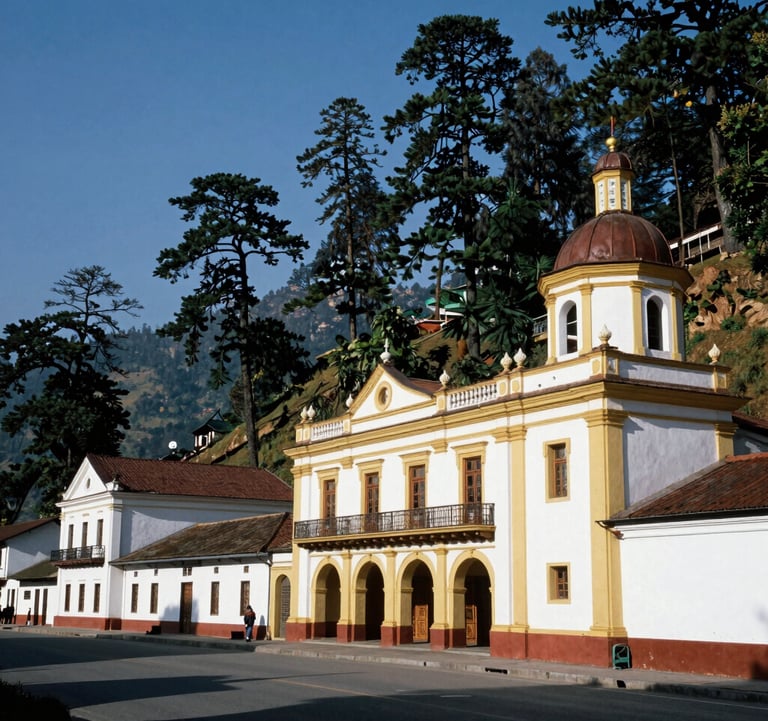 A professional architectural travel photograph of the historic colonial structures on Shimla's Mall Road, surrounded by deep green pine trees on mountain slopes under a clear South Asian blue sky.