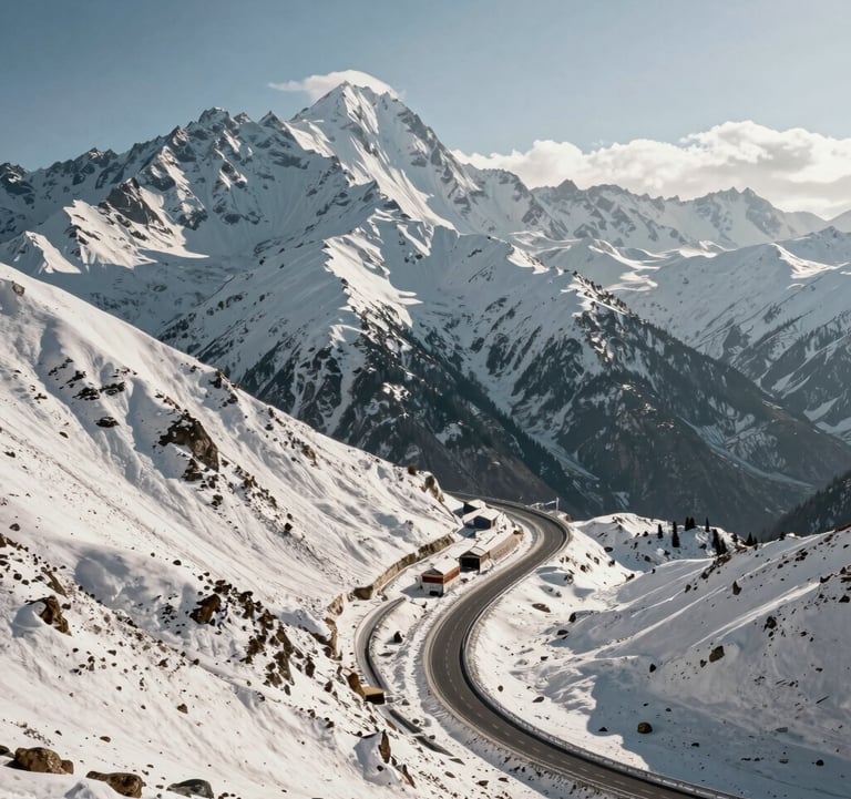 A stunning landscape photograph of the iconic snow-covered peaks surrounding Solang Valley and the Atal Tunnel, with a clean winding mountain highway, soft high-altitude sunlight.
