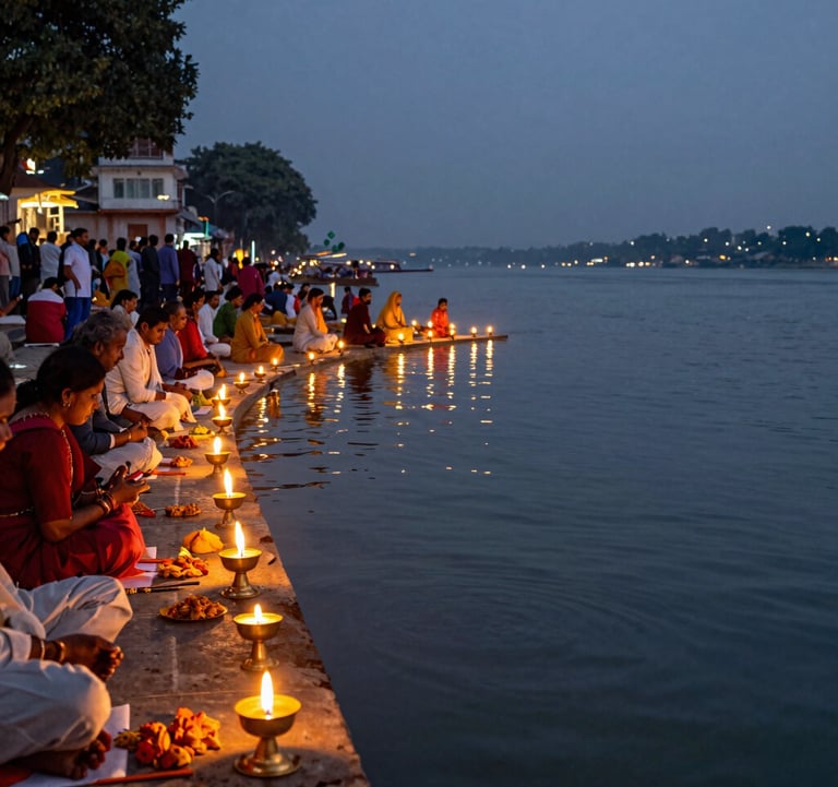 An elegant wide-angle shot of the evening Ganga Aarti ceremony at Triveni Ghat in Rishikesh. Glowing brass lamps, soft reflections of amber and gold flames on the water, serene spiritual atmosphere with South Asian devotees gathered along the riverbank.