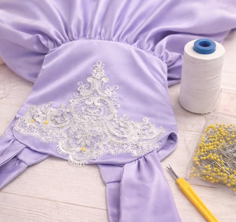 Vestido artesanal de satén morado con bordado de encaje blanco, siendo confeccionado con alfileres 