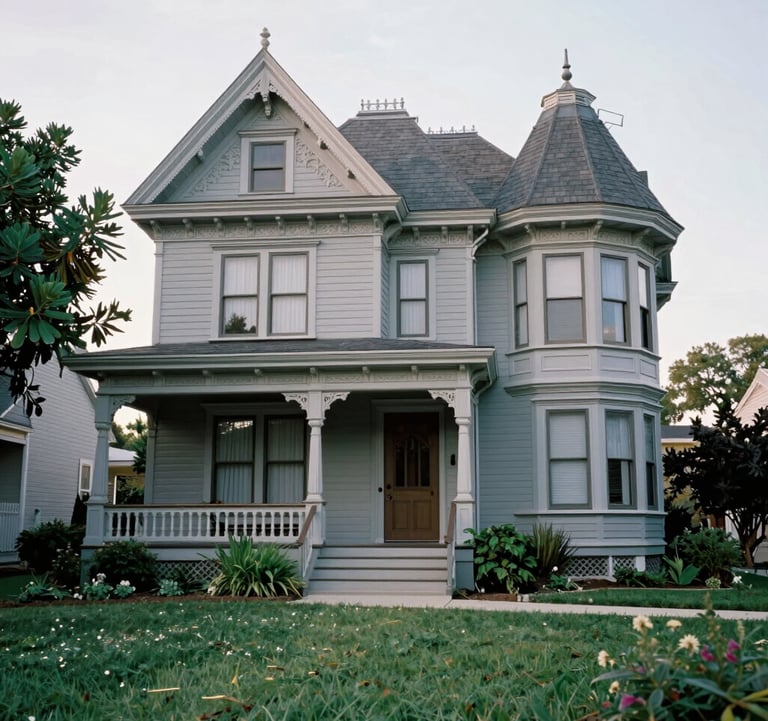 A historic Victorian home in a North American / Southern US neighborhood, featuring intricate woodwork in soft sky grey and a lush, perfectly maintained green garden.
