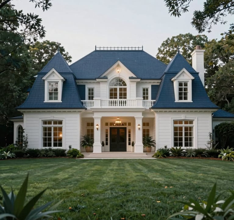 A luxury estate featuring grand architecture and lush greenery in a North American / Southern US setting, shot with a lens that emphasizes depth and sophisticated charm, using a palette of deep slate blue and pale misty white.