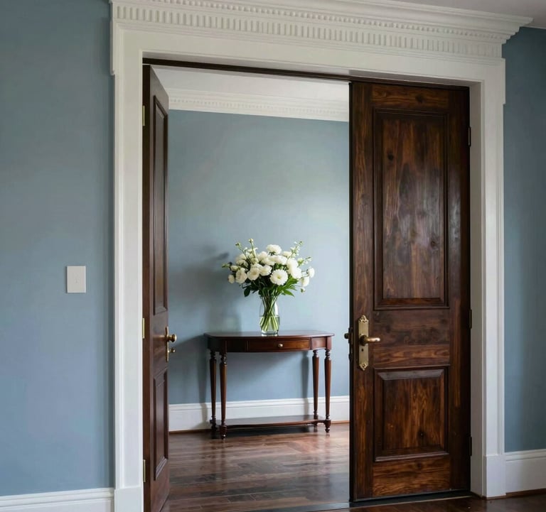 An inviting entryway of a luxury North American / Southern US residence. A heavy dark wood door opens to a foyer with soft misty blue walls. A vase of white flowers sits on a console table. Elegant pearl white crown molding adds a sophisticated touch.