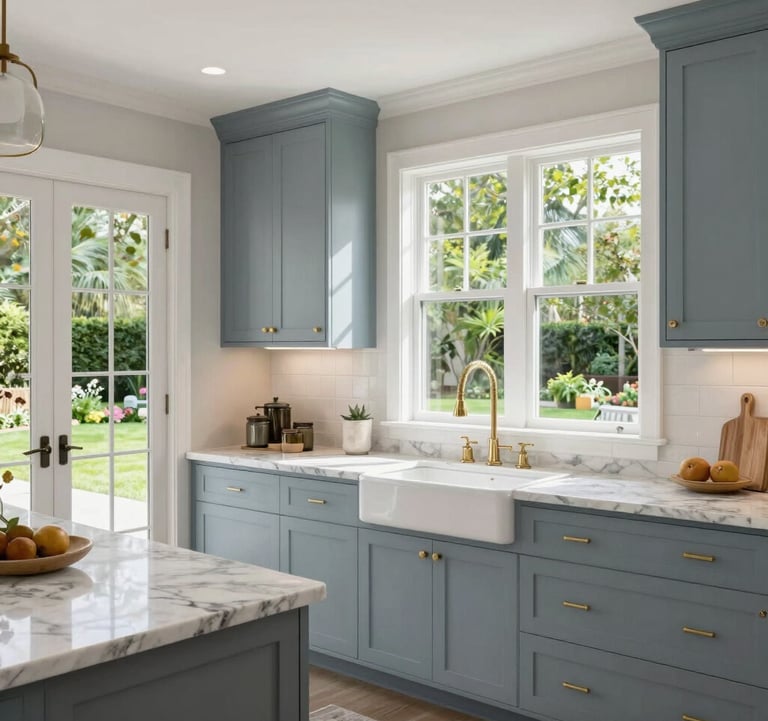 A high-end interior photography shot of a modern kitchen in a North American / Southern US home. Features include Soft Blue-Grey cabinetry, marble countertops, and large windows looking out onto a lush green garden. The style is clean, elegant, and bright.