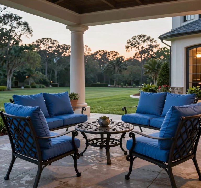 A lifestyle photograph of a luxury outdoor patio in a North American / Southern US estate. The scene features elegant wrought-iron furniture with Steel Blue cushions, a manicured lawn in the distance, and the soft glow of dusk. The atmosphere is peaceful and aspirational.