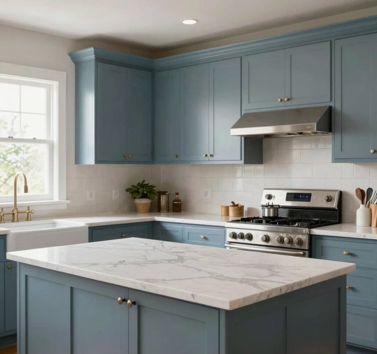 A bright and airy kitchen in a North American / Southern US home. Features include elegant pearl white marble countertops and muted slate blue cabinetry. High-end stainless steel appliances are visible. Soft morning light fills the space.