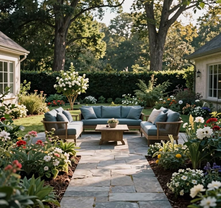 A view of a manicured backyard garden in a North American / Southern US estate. A stone pathway leads to a seating area with muted slate blue cushions. Flowering bushes and tall trees frame the serene space during a clear afternoon.