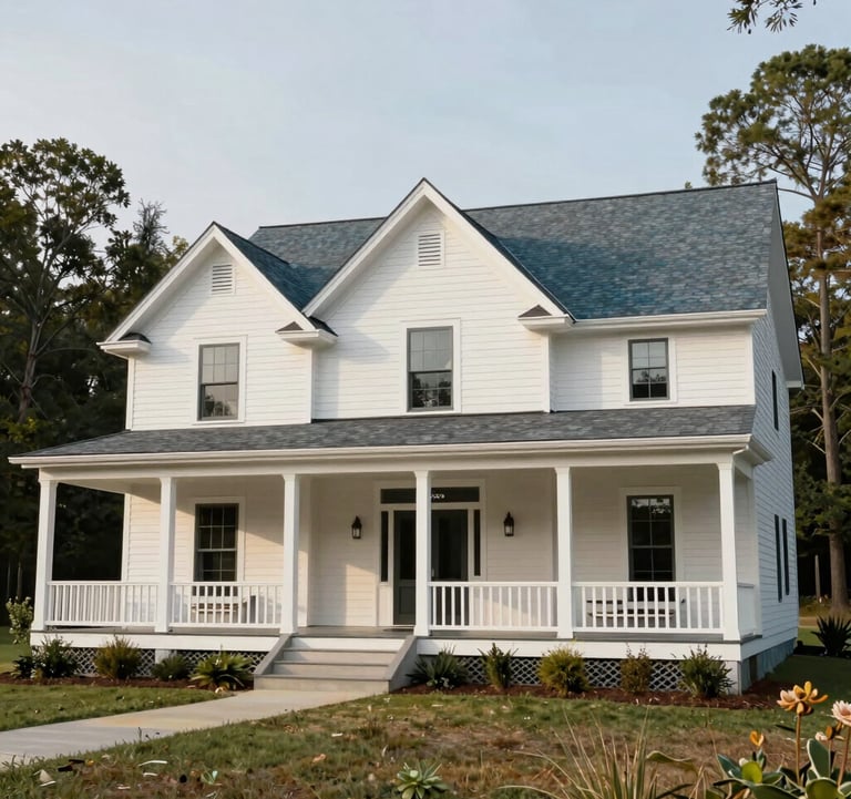 A modern Southern farmhouse with a large wraparound porch, painted in crisp off-white with muted slate blue accents, North American / Southern US landscape.