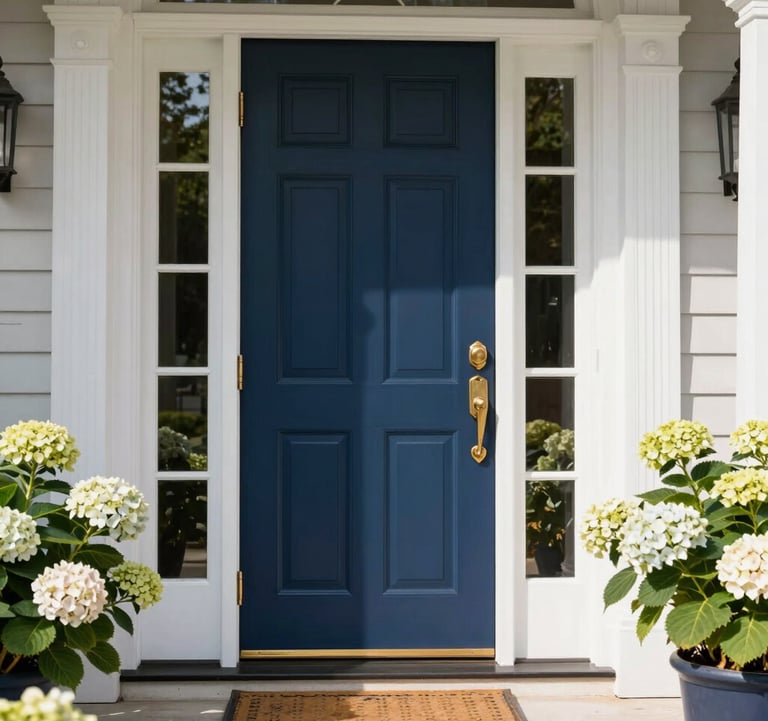 A detailed close-up of a high-end residential entryway in the Southern US. The shot focuses on a grand Deep Navy Blue front door with polished brass hardware, flanked by Fresh Pearl White columns and blooming hydrangeas. Bright, clean morning light.