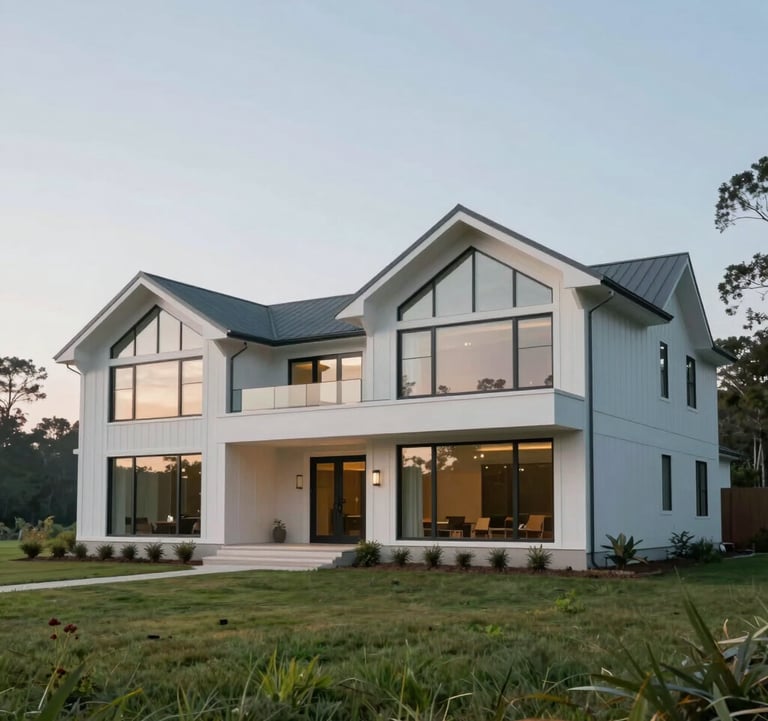 A sophisticated modern farmhouse with large glass windows and clean lines, situated on a grassy hill in a North American / Southern US landscape, featuring soft blue-grey and pale misty white colors in the building materials.