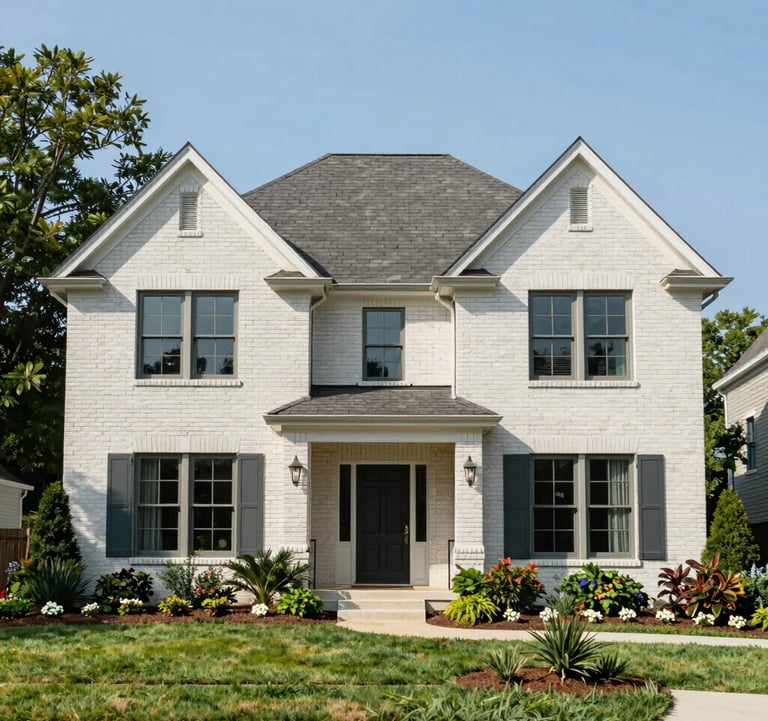 An elegant brick traditional home with manicured landscaping and a vibrant garden in a North American / Southern US residential neighborhood, captured in bright, clear daylight to highlight the architectural details in muted steel blue and pale misty white.