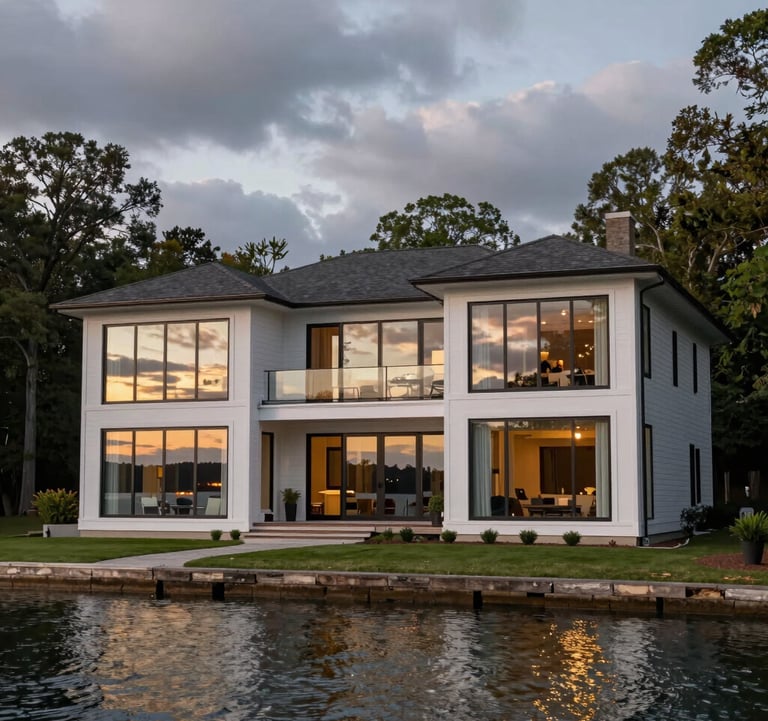 A luxurious waterfront property on a Southern lake, large glass windows reflecting the soft sky grey clouds at sunset, North American / Southern US environment.