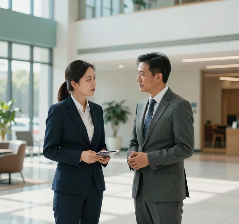 A medium shot of two professionals in business attire discussing a project in a bright North American / US institutional lobby. Natural light illuminates the space, which is clean, modern, and professional, using Sage Teal accents.