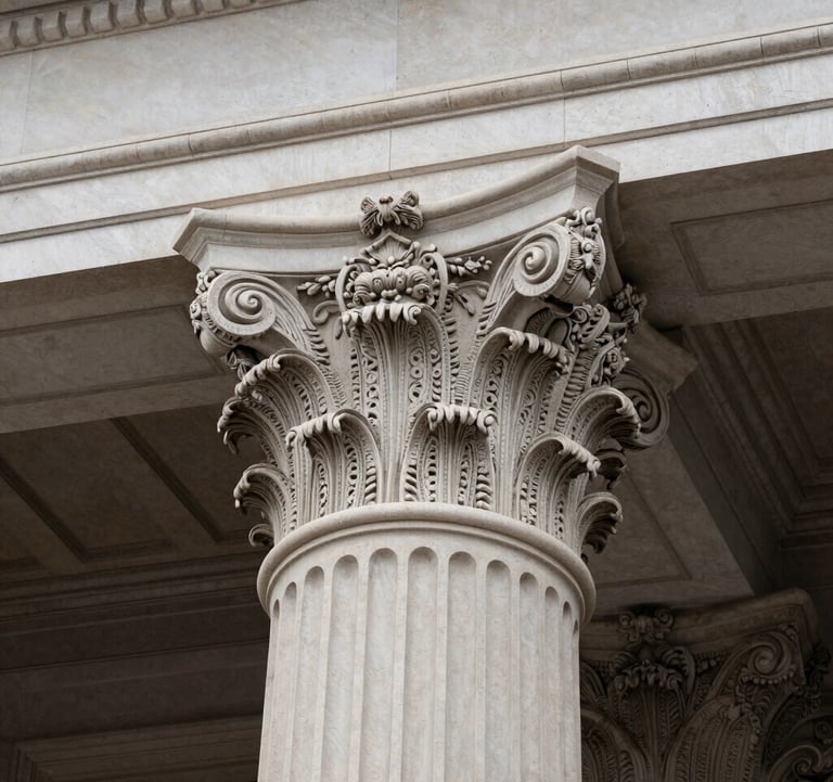 An architectural close-up of a classic Corinthian column capital on a historic North American / US library building. The image conveys strength and stability, captured in sharp detail with a Pearl Mist color palette.