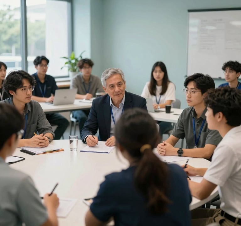 A group of professional mentors and young leaders engaged in a workshop at a modern North American / US community center. Bright, natural light with soft sage blue accents.