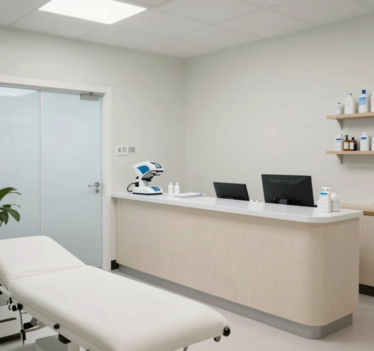 A clean, modern medical or community wellness center in a North American / US setting. The scene reflects order, quality of life, and professional care, using a palette of cool off-white and pristine mist.