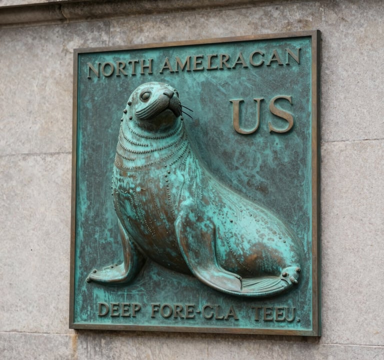 A close-up of a North American / US bronze seal or plaques on a stately stone wall, representing institutional strength and governance. The lighting is crisp and dignified, with colors reflecting Deep Forest Teal and Dusty Sage.