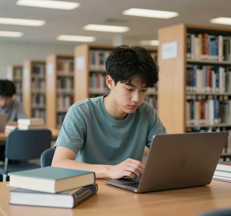 A focused student studying in a modern, quiet North American / US university library. The lighting is focused and warm, with books and a laptop on a wooden table. Subtle brand colors like soft sage blue are present in the environment.
