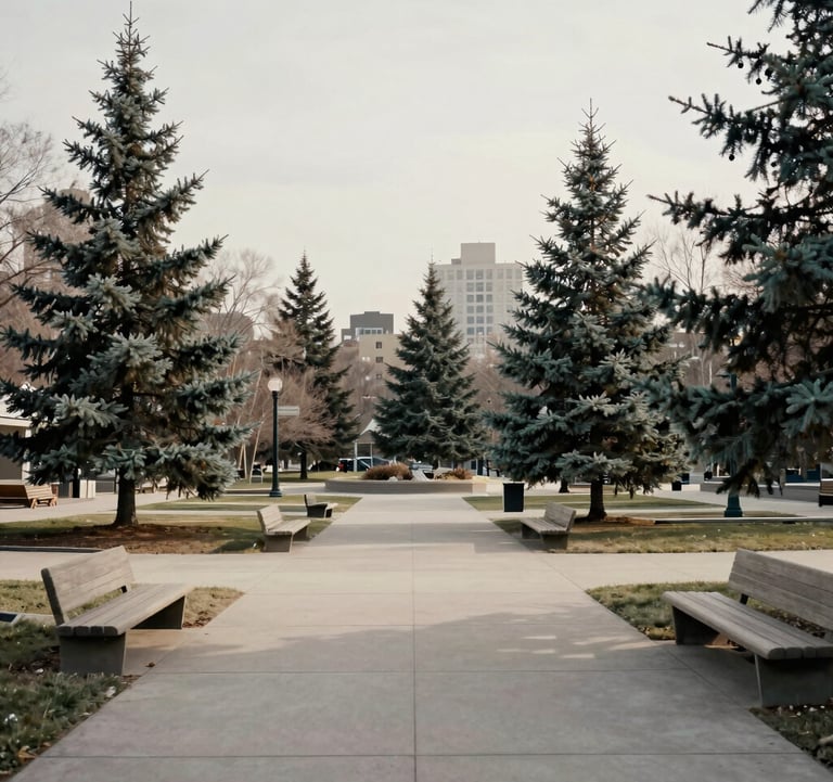 A serene landscape of a North American / US urban park with well-maintained public facilities, symbolizing community order and high quality of life. Muted spruce and cool off-white tones.