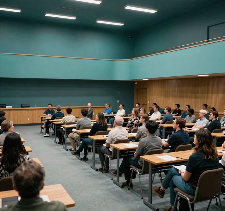 A wide shot of a community lecture hall in a North American / US university, where people are gathered for a leadership development seminar. The lighting is professional and inspiring, with a palette of deep forest teal and muted seafoam.