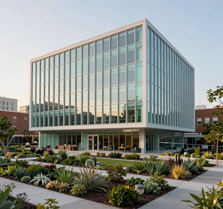 An architectural shot of a modern, ethical leadership center in a North American / US city. The building features clean lines, soft seafoam glass reflections, and is surrounded by an orderly, established community garden.