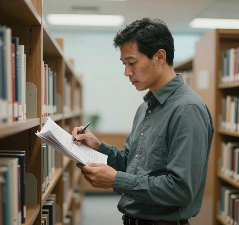 A professional in a North American / US corporate library environment, engaged in thoughtful planning while looking at structured documents. The scene features warm sage teal wood accents and morning mist highlights, emphasizing legacy stewardship.