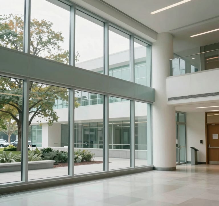 A modern and calm public healthcare atrium in North America / US, emphasizing stability and well-being. Large glass panes show a vista of soft trees. The interior uses a palette of Dusty Sage and Soft Mist White.
