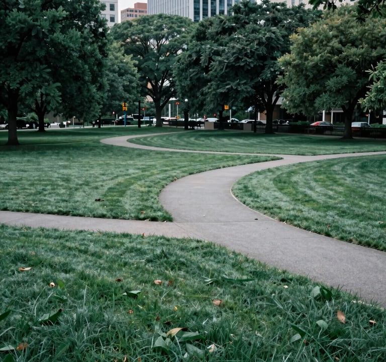 A serene and orderly North American / US urban park with manicured lawns and structured pathways. The composition is balanced and peaceful, reflecting community order and stability in shades of Sage Teal and Deep Evergreen.