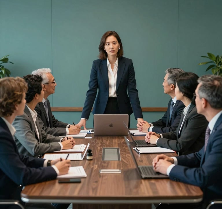 A professional leadership meeting in a North American / US corporate boardroom. A group of diverse professionals are engaged in a serious, collaborative discussion. The room is decorated in tones of forest teal and deep greens.