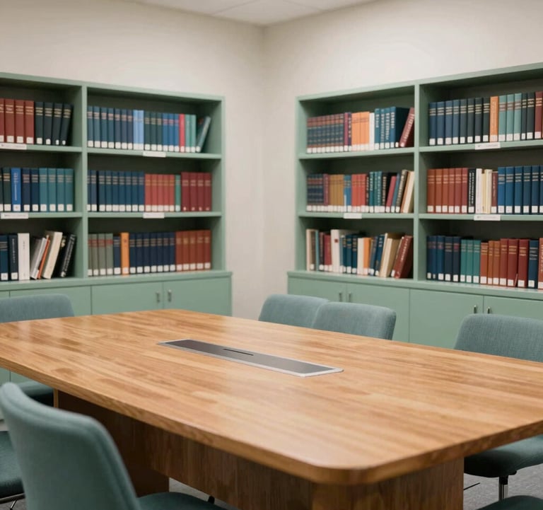 A brightly lit, organized academic environment in a North American / US university. A wooden conference table is surrounded by shelves of books. The room is decorated in tones of Muted Pine Green and Soft Mist White, feeling professional and scholarly.