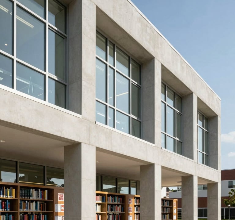 An architectural detail of a new library or school wing funded by philanthropy in a North American / US town. The design is modern, clean, and forward-thinking, emphasizing stability.