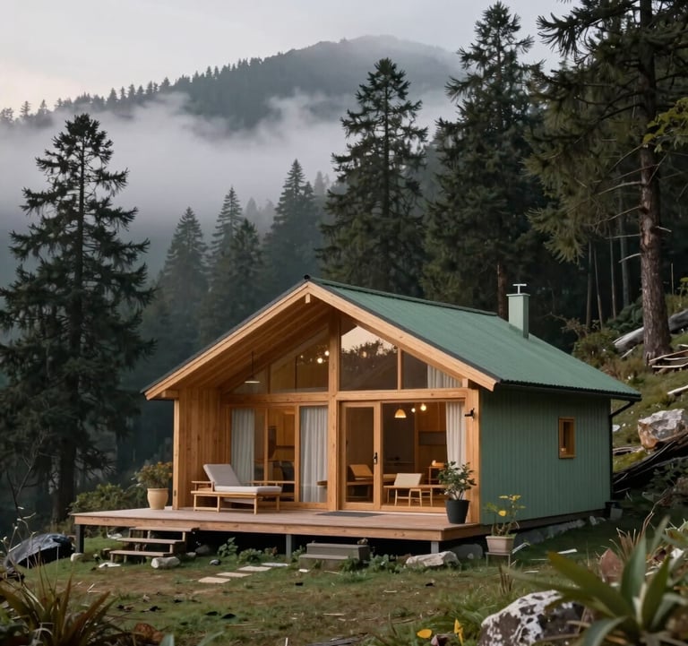 A wide shot of a cozy luxury cabin nestled in the Manali mountains, surrounded by cedar forests and morning mist, sage green and sand tones, sophisticated outdoor lifestyle.
