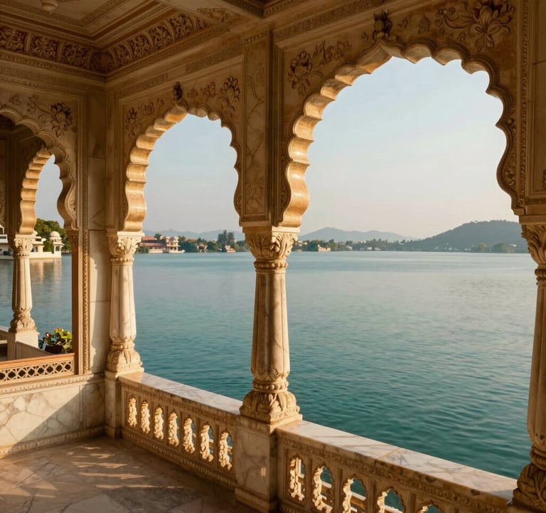 A close-up photograph of a luxurious balcony view in Udaipur overlooking Lake Pichola, intricate marble carvings, teal colored water, South Asian architecture, sunset lighting.