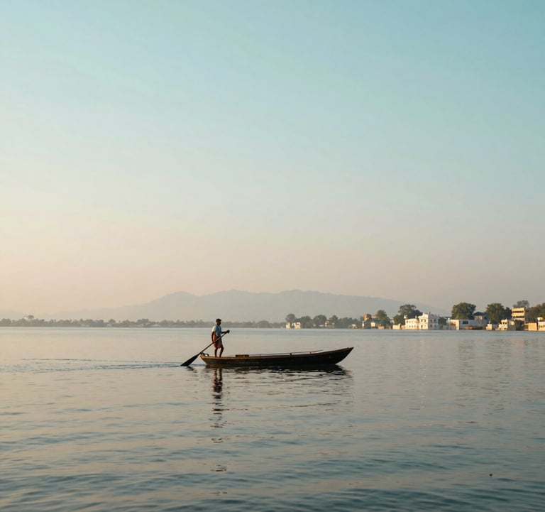 A wide landscape of a serene lake in Udaipur at dawn, a lonely South Asian / Indian boatman paddling across the water, soft pastel colors of sand and light aqua in the sky.