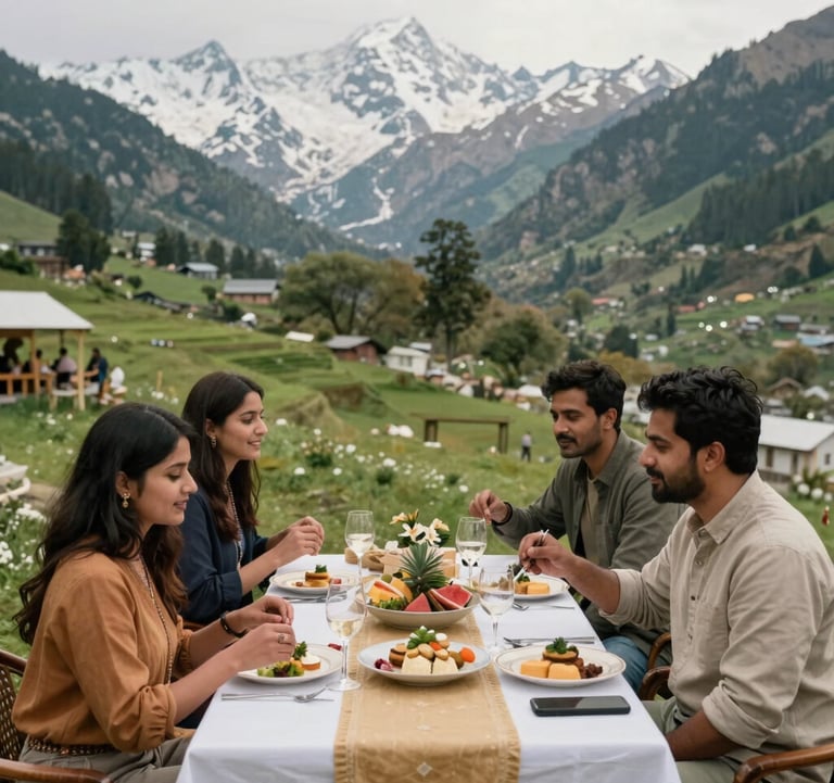 A group of South Asian travelers enjoying an elegant outdoor lunch in a lush green valley in Manali, snow peaks in the distance, vibrant sage and sand colored decor, aspirational travel.